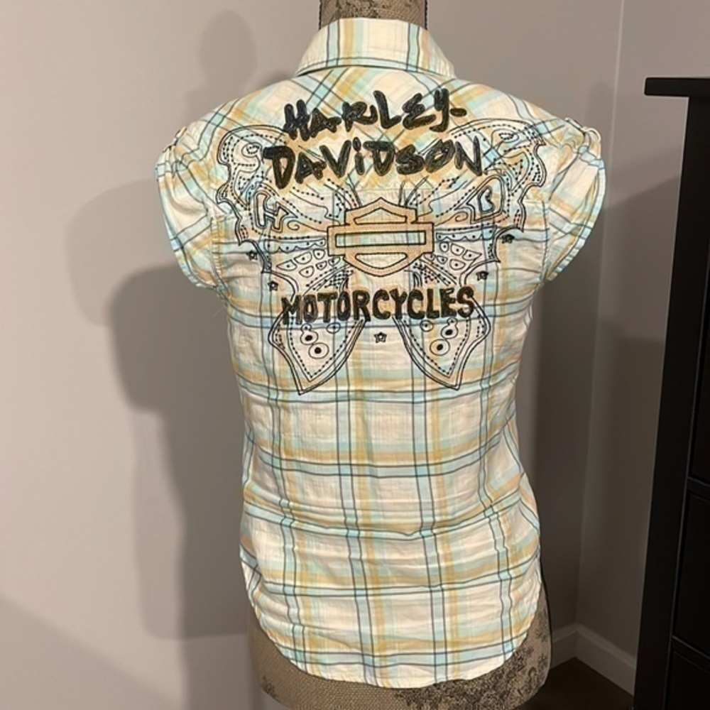 Harley Davidson capped sleeve white/blue/orange plaid embroidered logo top XS - Picture 5 of 13